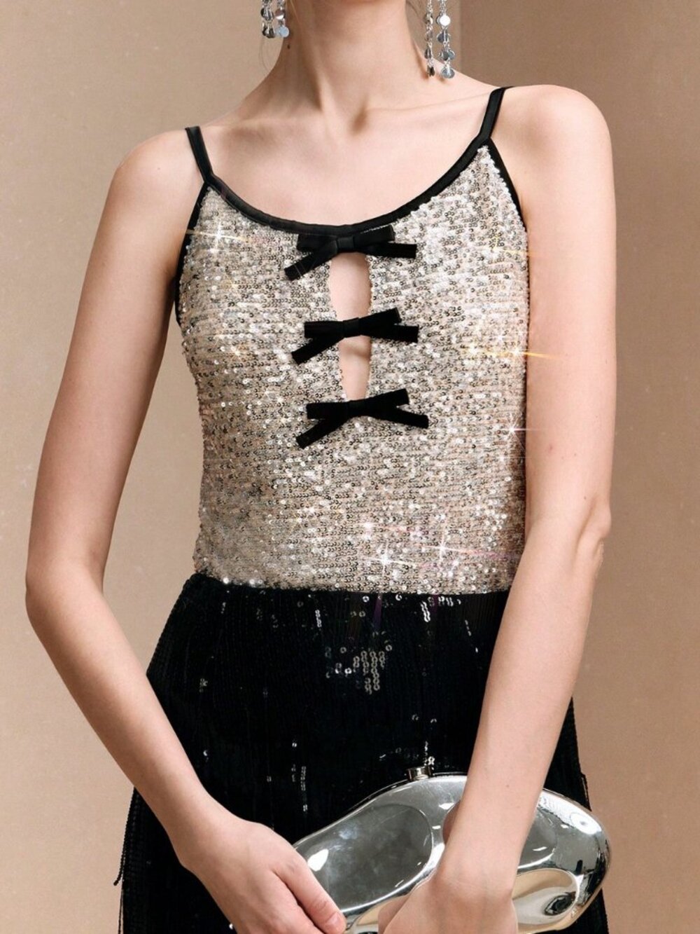 Silver Casual Women's Contrast Sequin Cut Out Spaghetti Strap Halter Top